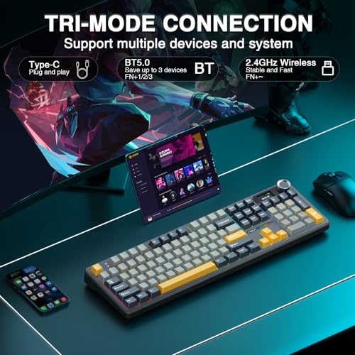 AULA F108 PRO - Wireless Mechanical Keyboard with Screen&Knob,Hot Swappable Gaming Keyboard with 8000mAh Battery,Pre-lubed Switches,RGB Backlit,PBT Keycaps Creamy Sounding Computer Keyboards,104 Keys - color: Gray&Yellow