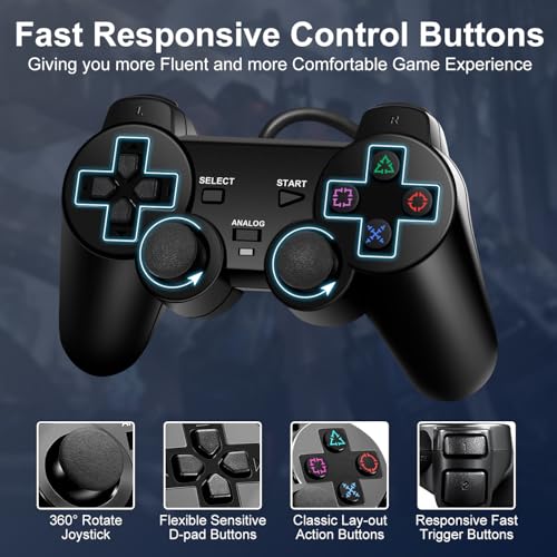 HaeBorl PS2 Controller,2 Pack Wired Controller for PS2/PS2 Slim/PS1 | PS2 Replacement Wired Controller with Dual Vibration, High Stable Signal, Black - color: Black