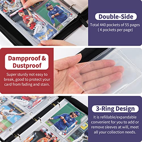 Baseball Card Binder, 440-Pocket Trading Card Holder with Sleeves | Store 440 Baseball Cards, 55 Double-Sided Sleeves, Zippered Protection, Fits Topps Cards, Gift for Collectors - size: 440 Pockets