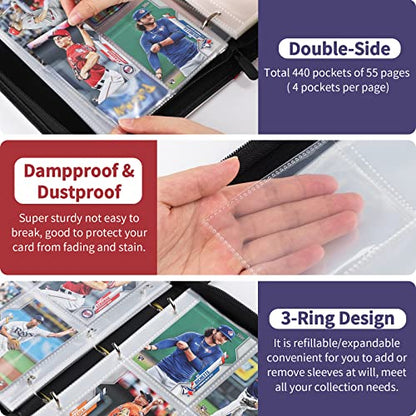 Baseball Card Binder, 440-Pocket Trading Card Holder with Sleeves | Store 440 Baseball Cards, 55 Double-Sided Sleeves, Zippered Protection, Fits Topps Cards, Gift for Collectors - size: 440 Pockets
