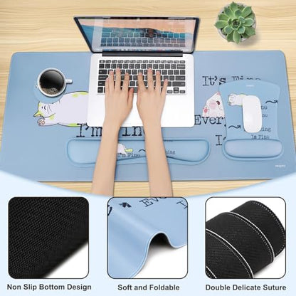 MEGREZ 4-in-1 Mouse Pad with Wrist Rest Ergonomic Memory Foam Desk Mat Set | ergonomic, anti-slip base, 4pcs set, desk pad, mouse wrist rest, keyboard rest, coaster, ideal for office & gaming - color: Haze Blue