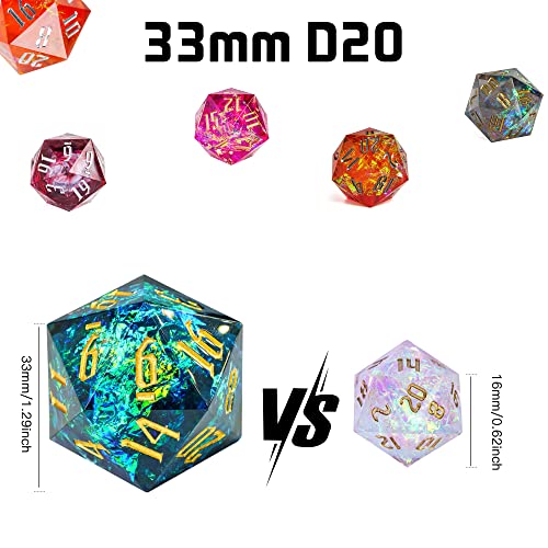 Cusdie Single D20 DND Dice with Sharp Edges and Glitter Foil Inclusions, 20 Sided D&D Dice, 33mm Handcrafted, for Role Playing Game (Red) - color: Red