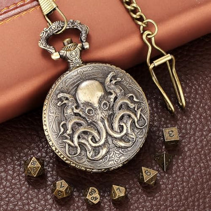 Mini DND Dice Set with Steampunk Double Eyed Octopus Pocket Watch Case, Tiny 7PCS Polyhedral Metal D&D Dice, DND Gifts with Gift Box, Role Playing Game Board Game Accessories Dice, Bronze - color: Bronze