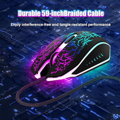 Wired Gaming Mouse, 4-Color LED Light Computer Mouse, Ergonomic Mouse with 6 Silent Click Buttons, 3 Adjustable 2400 DPI USB Wired Mouse for Laptop, PC, Mac, Black