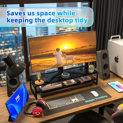 Simple Trending 2-Tier Dual Monitor Stand with Mouse Pad, Metal, Black | 32"W x 10"D x 7"H. Mesh cooling. Holds 100 lbs. Bottom tier fits keyboard & Xbox. Non-slip base. Free mouse pad.