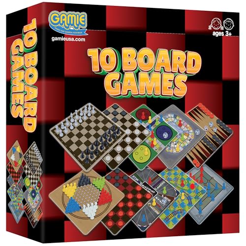 Gamie 10 Board Games Set, Classic Family Games for Kids and Adults, Includes 5 Double Sided Playing Boards with Backgammon, Chinese Checkers, Snakes and Ladders, Sorry, Draught, Racing, Chess and More