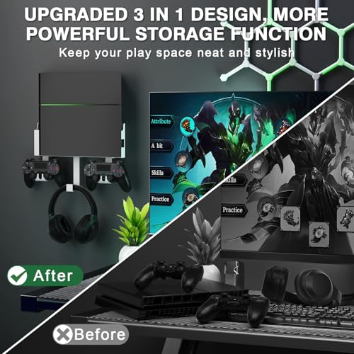 Wall Mount Kit with Detachable 2 Controller Holder & Headphone Hanger, Mount On The Wall Or On The Back Of The TV, Wall Mount Compatible with PS4, White - color: White