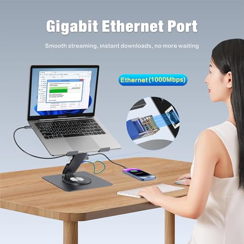 Adjustable Laptop Stand for Desk with Docking Station 11-in-1, Aluminum Laptop Riser with USB Hub 360°Swivel Dual Display 4K60Hz HDMI Gigabit Ethernet USB3.0 PD100W for MacBook Pro Air/Dell/HP 7-15.6" - size: 11-in-1 Hub Laptop Stand