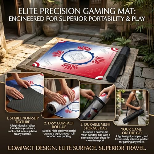 Mahjong Mat 2025 Upgraded No-Crease & No Odor Design, 32.3 Inch with Waterproof Velvet, Non-Slip PU Silicone, Lightweight for Noise Reduction, Includes Printed Rules for Tiles and Cards (Red-Blue) - color: Red-blue