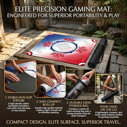 Mahjong Mat 2025 Upgraded No-Crease & No Odor Design, 32.3 Inch with Waterproof Velvet, Non-Slip PU Silicone, Lightweight for Noise Reduction, Includes Printed Rules for Tiles and Cards (Red-Blue) - color: Red-blue