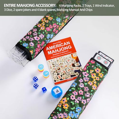 American Mahjong Tile Set, 166 Tiles, 4 All-in-One Mahjong Racks with Pushers, Mahjong Set with Green Bag for Beginners (Ma Jong, Mah-Jongg) - color: Green