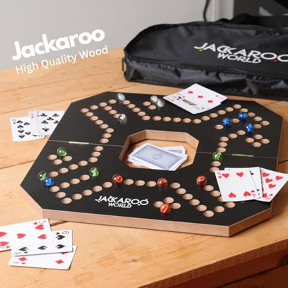 Jackaroo Board Game, 2-4 Player Jokers and Marbles Board Game, Solid Wooden Game with 16 Glass Marbles and 52 Cards, Marble Chase Game, Card and Marble Game, Foldable Board with Carry Bag (Black) - color: Black