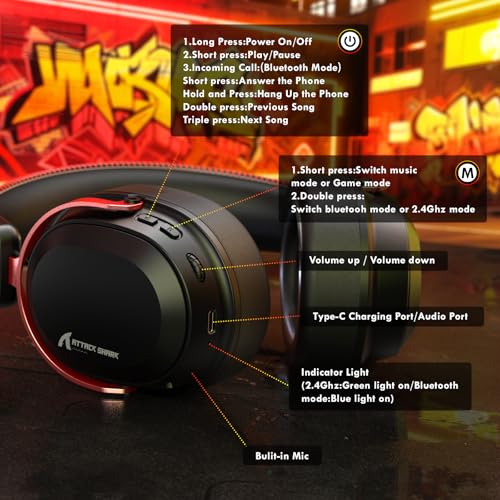 ATTACK SHARK L30Pro Wireless Gaming Headset with 2.4Ghz/BT/Wired, Long Battery Life with Detachable Microphone 7.1 Surround Sound Ultra-Low Latency for PC/PS5/Xbox/Switch/Mobile Black&Red - color: Black/Red