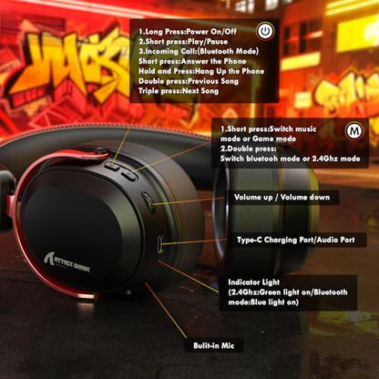 ATTACK SHARK L30Pro Wireless Gaming Headset with 2.4Ghz/BT/Wired, Long Battery Life with Detachable Microphone 7.1 Surround Sound Ultra-Low Latency for PC/PS5/Xbox/Switch/Mobile Black&Red - color: Black/Red