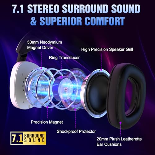 BENGOO 60H Wireless Gaming Headset with RGB Lights for PS5 PS4 PC | 7.1 Surround Sound, Noise Cancelling Mic, Bluetooth 5.4, Memory Foam Ear Cushions, Compatible with Switch Mac - color: White