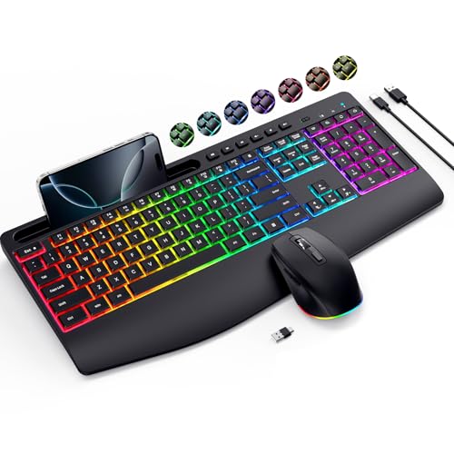 Wireless Keyboard and Mouse Combo- VEILZOR 2.4G Rechargeable Keyboard with Phone Holder, Ergonomic Wrist Rest, 9 RGB Backlit Effects, Silent Keyboard Mouse Set for Windows, Laptop, PC - color: Black