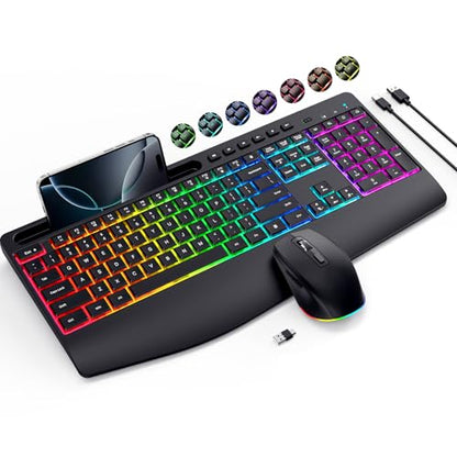 Wireless Keyboard and Mouse Combo- VEILZOR 2.4G Rechargeable Keyboard with Phone Holder, Ergonomic Wrist Rest, 9 RGB Backlit Effects, Silent Keyboard Mouse Set for Windows, Laptop, PC - color: Black