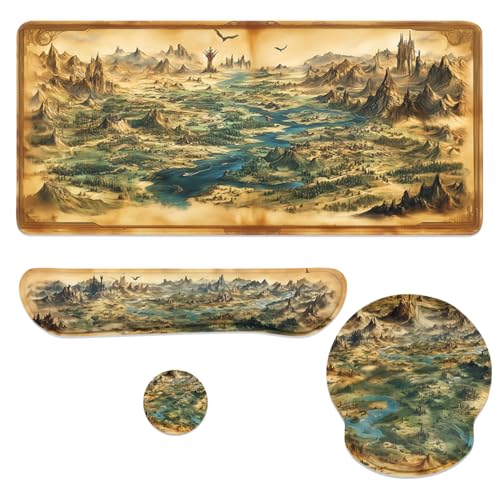 Fantasy Map Mouse Pad Set Vintage Medieval Dragon Castle World Gaming Mousepad 4in1 Desk Mat for Desktop Anti-Slip XXL Big Computer Ergonomic Mousepad with Wrist Support for Keyboard and Mouse - color: Fantasy Map, size: 35.4L x 15.7W inches