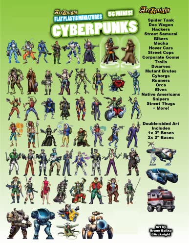 Arcknight Flat Plastic Miniatures: Cyberpunks; 56 Unique Sci-Fi-Themed Minis for Starfinder; Affordable, Skinny Figurines for SF, Shadowrun, and Other Tabletop RPG Games