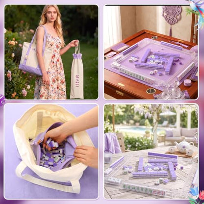 1.2'' American Mahjong Set 160 Mahjong Tile 4 All-in-One Rack Pushers 4 Dice 3 Carrying Bags Accessories Complete American Mah Jong Tile Set for Table Travel Game Collection Gift(Purple)