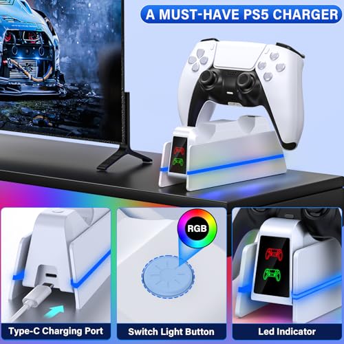 PS5-Controller-Charger-Station - Charging Station for PlayStation 5 Dualsense/Edge Controller with 9 Color Led Light, Fast Charging Dock & Holder Stand for PS5/Slim/Pro Remote - Whole White - color: Whole White P38