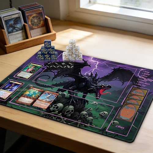 MTG Playmat with Storage Tube & 7-Dice Set - Waterproof TCG Playmat with Stitched Edges, Non-Slip Rubber Card Game Mat (24"x14") (playmat with Zones, Roaring Dragon) - color: Roaring Dragon, style: playmat with zones