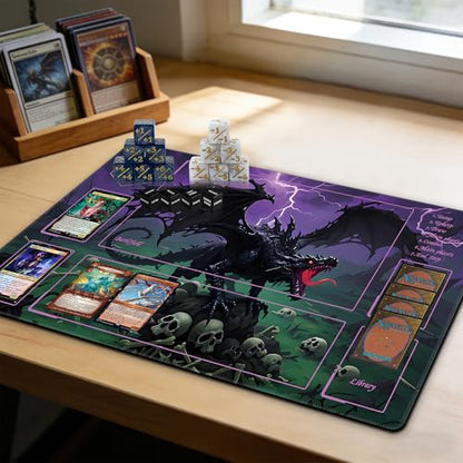 MTG Playmat with Storage Tube & 7-Dice Set - Waterproof TCG Playmat with Stitched Edges, Non-Slip Rubber Card Game Mat (24"x14") (playmat with Zones, Roaring Dragon) - color: Roaring Dragon, style: playmat with zones