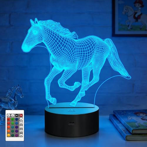 Attivolife Horse Night Light for Kids, 3D Illusion Optical LED Lamp with Remote Control +16 Color Changing, Animal Room Decor Bedside Lamp, Unique Birthday Gifts for Horse Lovers Girls Women - color: Galloping Horse