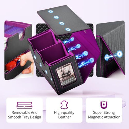 UAONO 3-in-1 MTG Commander Deck Box, Black Purple | 2 Magnetic Card Holders & 1 Dice Tray, Fits 200 Double Sleeved, Card Organizer Compatible with Magic the Gathering - color: Black&Purple