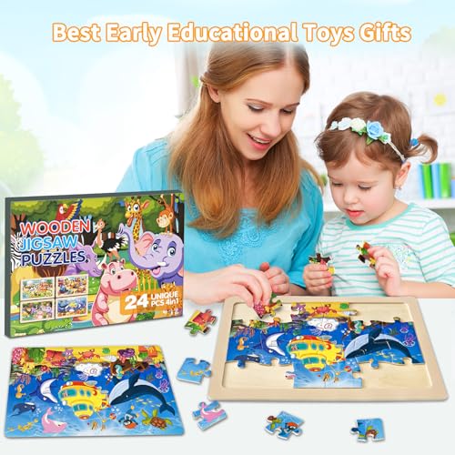 Wooden Puzzles for Kids Ages 4-6, 4 Packs 24 PCs Jigsaw Puzzles Preschool Educational Toys Gifts for Children Ages 3-8, Kids Puzzle for 3+ Year Olds Boys Girls