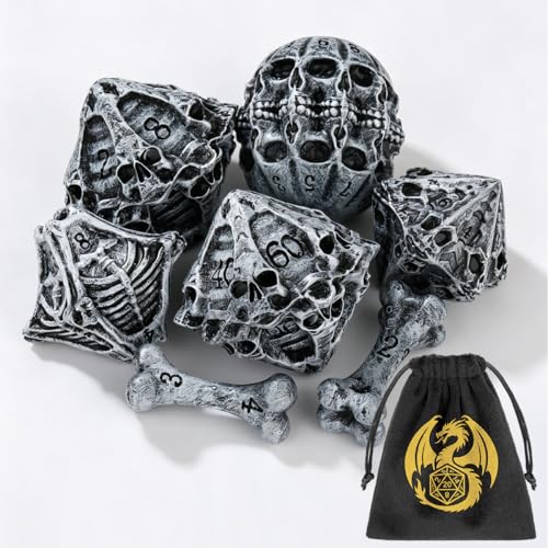 DND Dice Set, Features Skeleton Theme Dice Set, Resin Material, DND Starter Set, 7pcs Polyhedral Dice Set with Dice Bag, Role Playing Board Games Accessories, Grey
