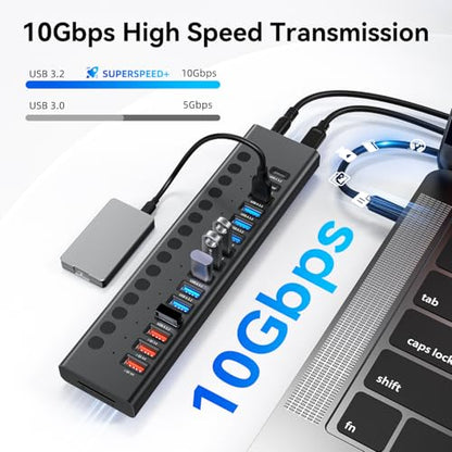 VANGREE Powered USB Hub 10Gbps, 17 Ports USB 3.2 Hub, 96W Power Adapter | 10 USB-A 3.2, 3 QC 24W Fast Charging, 2 USB-C 3.2, SD/TF, 12V/8A Power Adapter for Laptop, PC, Computer, HDD, Flash Drive - color: Black