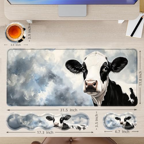 Large Mouse Pad and Keyboard Wrist Rest, Desk Pad for Keyboard and Mouse, 4-in-1 Large Gaming Mouse Pad with Wrist Support, Desk Mat for Home Office Study Game,Cute Cow - color: Cute Cow