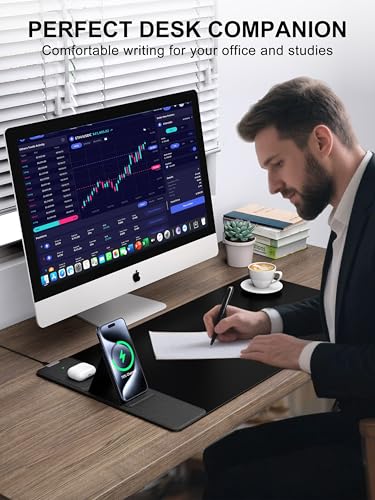 TopMade 4-in-1 Mouse Pad with 15W Wireless Charging, Foldable Phone Holder, 31.5" x 15.75" XXL Large Desk Pad, Gaming Mousepad with Ultra-Smooth Surface, Non-Slip Base, Waterproof Desk Mat, Black - color: Black-Phone Holder-31.5"x15.8"