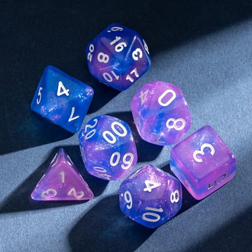 7-Die DND Dice Set Polyhedral Dice Set with a Leather Dice Bag, D&D Dice Set for RPG Table Games (Purple & Blue) - color: Transparent Purple Blue