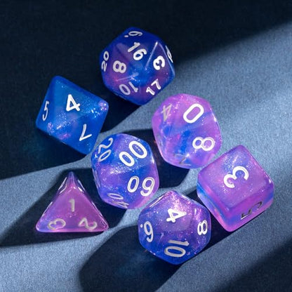 7-Die DND Dice Set Polyhedral Dice Set with a Leather Dice Bag, D&D Dice Set for RPG Table Games (Purple & Blue) - color: Transparent Purple Blue