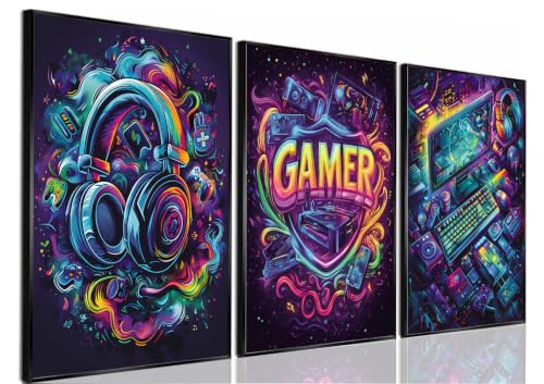 Yolbcdr Graffiti Gamer Canvas Wall Art Poster Set of 3, 16x24 inch | Cyber Gaming Wall Decor, Gamepad and Headphones Prints, Teen Boy Bedroom - color: Colorful Gamer, size: 16"x24" Poster