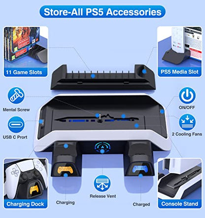 PS5 Stand with Cooling Station&Dual Controller Charger for PlayStation 5 PS5 Console(NOT Fit PS5 Slim), PS5 Accessories with 5V/3A Adapter, PS5 Base with Cooler Fan, Charging Dock