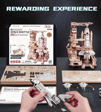 ROKR 3D Wooden Puzzles Space Shuttle-Dynamic Launch Base with Motorized Lift, LED Light Effects, 1:420 Scale Collectible Building Kit Airplane Wooden Puzzles Gift for Adults