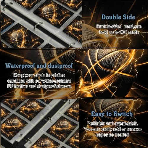 Trading Card Binder 9 Pocket, Gold Basketball Card Binder Holds 900 Cards with 50 Removable Sleeves, Waterproof PU Leather with Zipper Card Collector Album Book Compatible with TCG Cards - color: Gold Basketball