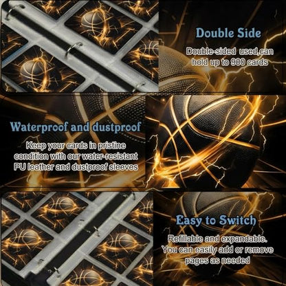 Trading Card Binder 9 Pocket, Gold Basketball Card Binder Holds 900 Cards with 50 Removable Sleeves, Waterproof PU Leather with Zipper Card Collector Album Book Compatible with TCG Cards - color: Gold Basketball