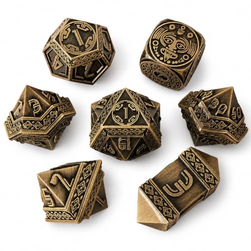 Tzolkin Metal DND Dice Set, 7-Piece Polyhedral Dice | Solid zinc alloy dice with heavy feel, Mayan Aztec calendar details, readable numbers, and temple collector box for RPG play - color: Ancient Bronze
