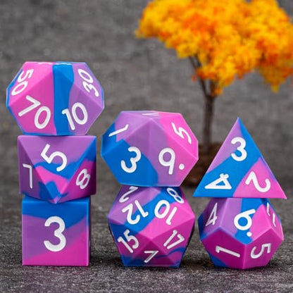 DND Silicone Rubber Polyhedral D&D Dice Set,Sharp Edges Soft Perfect Bouncer for Dungeons and Dragons, RPG, MTG (D4, D6, D8, D10, D12, D20, D%) for Ages 15 and Up - color: Blue Purple Rose Red