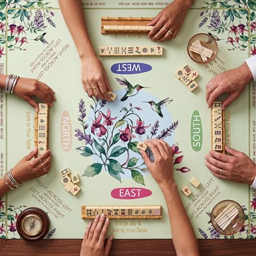Green American Mahjong Mat Set with Carrying Bag and Gift Box for Home Game | Mahjong mat with rules, Hummingbird Floral, Natural Rubber Base, Noise Dampening Microfiber, Waterproof, Travel Ready - color: Green
