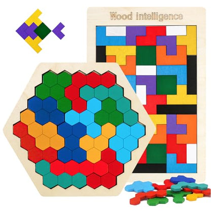Wooden Puzzles Blocks Brain Teasers Logic Games for Classroom & Party Times,Jigsaw Puzzle Intelligence STEM Montessori Educatioanl IQ Toys Games for Kids Boys Girls Ages 3+ (2 Pack) - style: Puzzle set-2pcs
