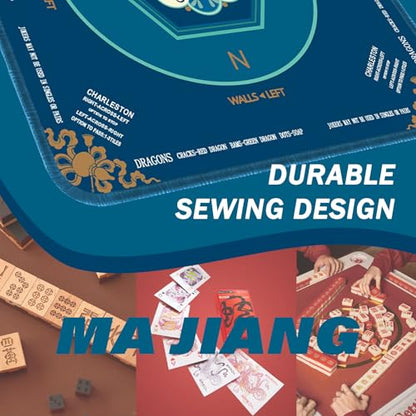 Blue Mahjong Mat for Table, American Mahjong Mat with Printed Rules, 31.5x31.5 in, Anti-Slip, Noise-Reducing Table Cover with Carrying Bag for Mahjong, Poker, Dominoes and Card Games - color: Deep Cyan