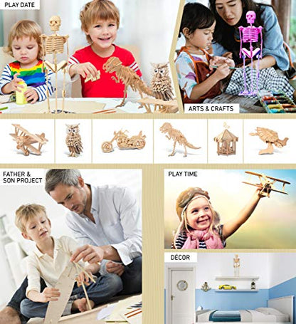 Puzzled 3D Puzzle Human Skeleton Wood Craft Construction Model Kit, Fun & Educational DIY Wooden Toy Assemble Model Unfinished Crafting Hobby Puzzle to Build & Paint for Decoration 50 Pieces Pack