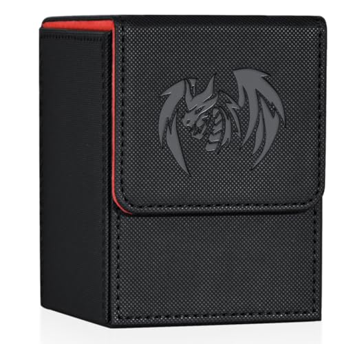 UAONO Card Deck Box for Yugioh MTG, 100+ Deck Case with 2 Dividers, PU Leather Storage Box, Compatible with Collectible Trading Cards (Black & Red, Sky Dragon) - color: A-Black&Red