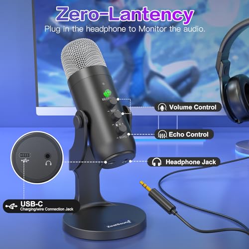ZealSound Wireless Microphone,USB Mic for iPhone PC iPad Android Phone-Cordless Condenser Desktop Microphones with Mute Echo Monitor Volume Gain 2.4GHz for Podcast,ASMR,Gaming,YouTube Video/K66 Black