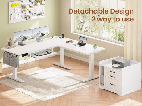 SEDETA L Shaped Standing Desk with File Cabinet, 3 Drawers, Power Outlet | 63 x 53'' Electric Height Adjustable Gaming Computer Desk with Led Lights for Home Office, Gaming Room, White - color: White, size: 63 x 53'' L Shaped Standing Desk